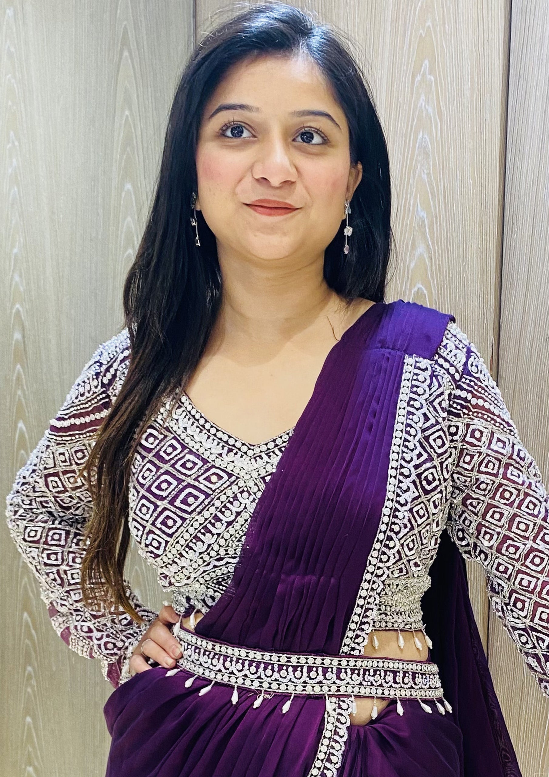 Purple Color Lycra Sequins Work Ready To Wear Saree